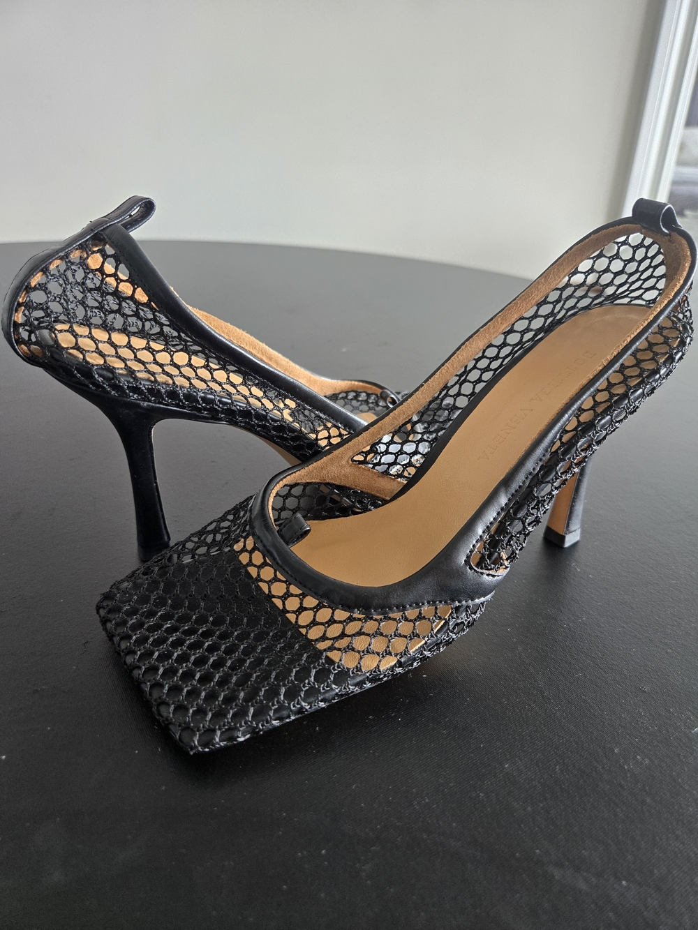 Bottega Veneta Black Stretch Mesh Pumps Square Toe Heels Size 38 / US 8